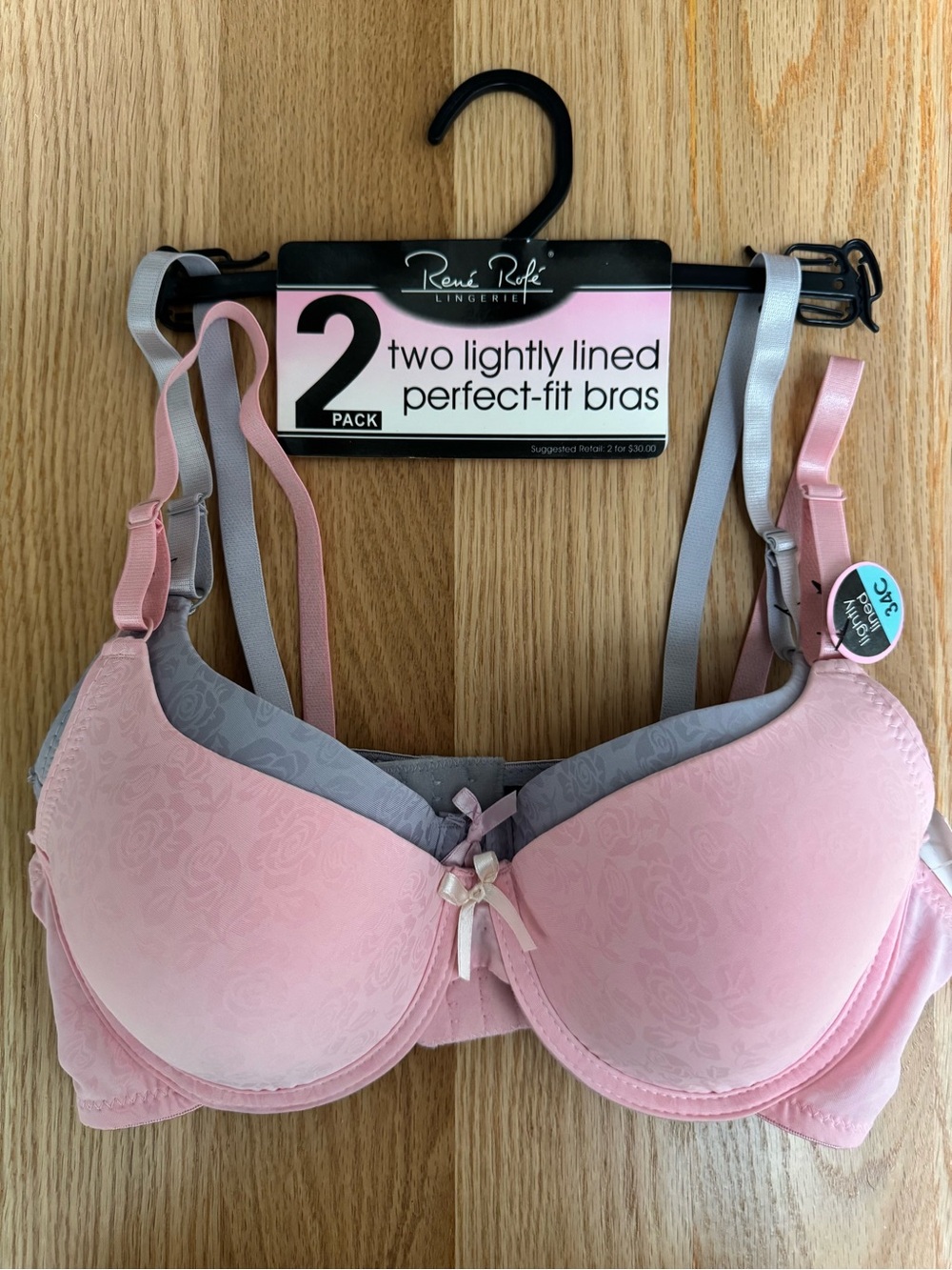 Rene Rofe Pink & Gray Lightly Lined Two-Pack Bras, 34C